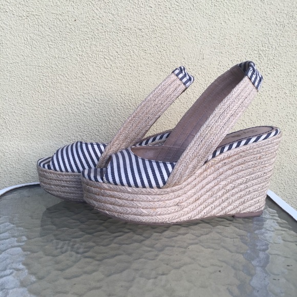 Blue and White Striped Slingback Espadrille Wedges - Picture 2 of 8